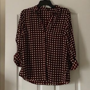 Maroon cream checked v-neck blouse